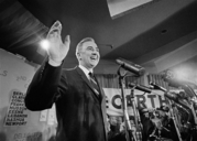 Then-Democratic Presidential hopeful, Sen. Eugene McCarthy ,D.Minn., waves to party workers in his presidential campaign headquarters in Manchester, N.H., in this March 13, 1968 black-and-white file photo.  (AP Photo, File)