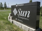 The Sun Microsystems logo in Broomfield, Colorado, in a file photo. The company on Thursday posted a narrower quarterly net loss as revenue rose 17 percent, helped by its acquisition of tape storage company StorageTek and growth in its services business. (Rick Wilking/Reuters)